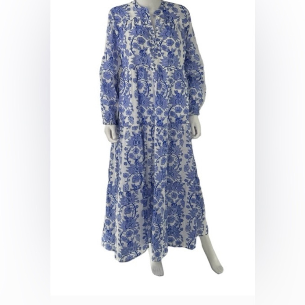 Ro's Garden NEW Blue/white Bluefanny Rio Long Sleeve Floral Maxi Dress X-Large